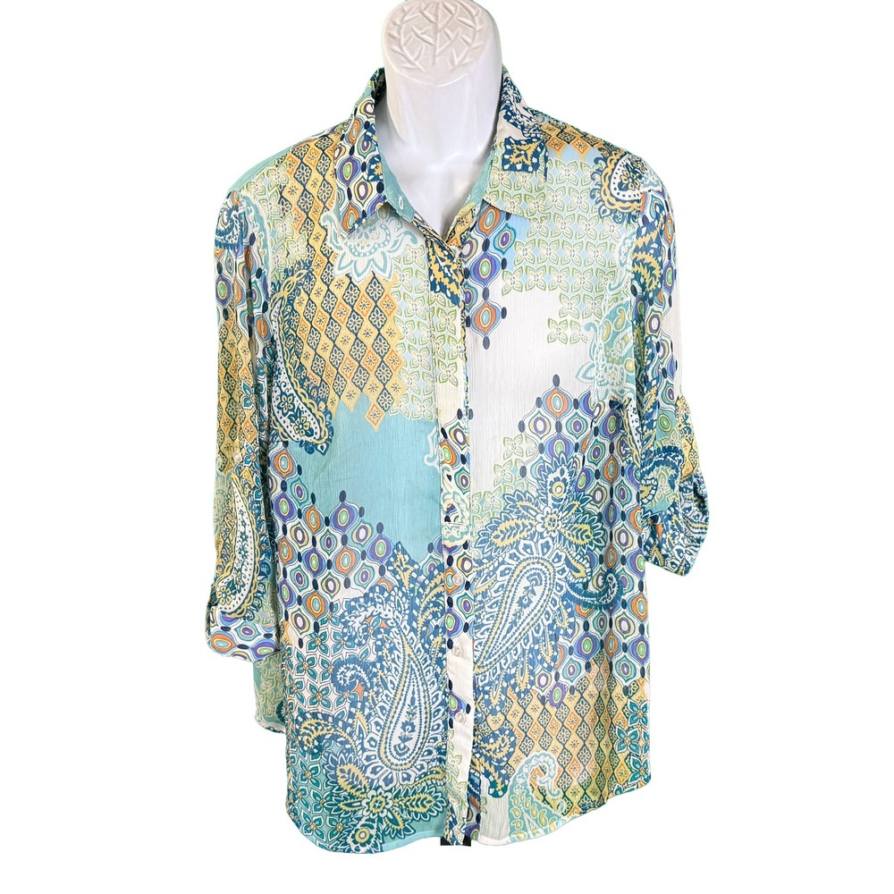 Coldwater Creek Button Up Blouse Womens Size Large Blue Paisley Crinkle Top